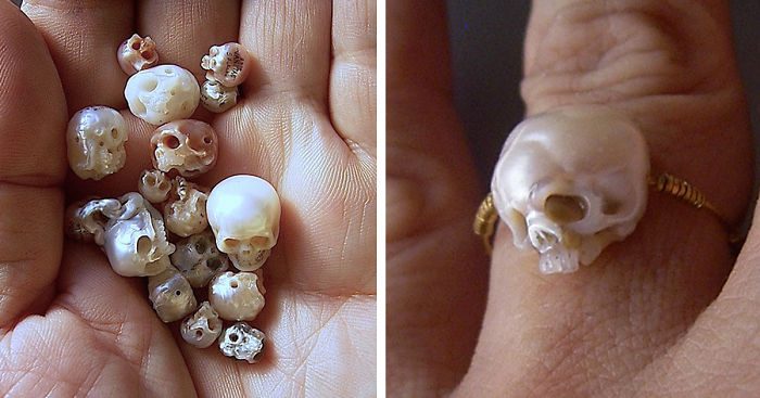 Adorably-Spooky Fairy Sculls Carved From Pearl By Japanese Jewelry Artist
